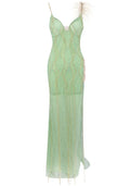 Feather Detail Maxi Dress Green Gold