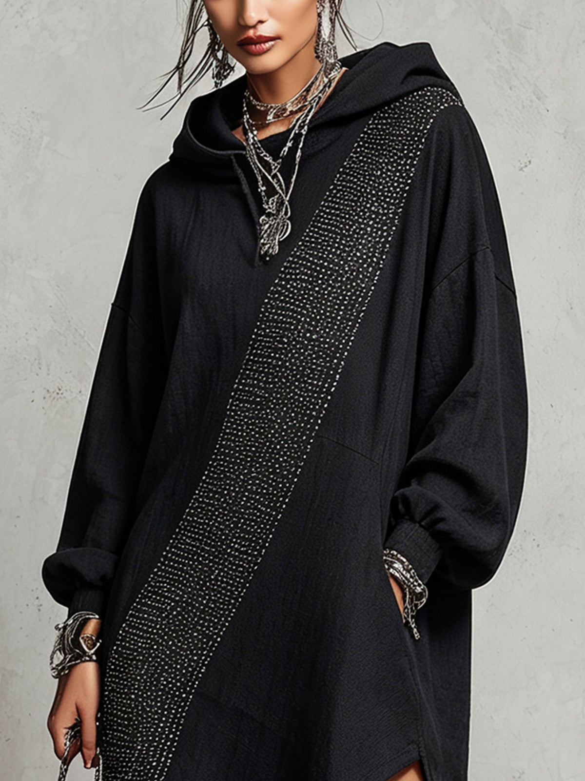 Black Hooded Asymmetrical Hem Midi Dress
