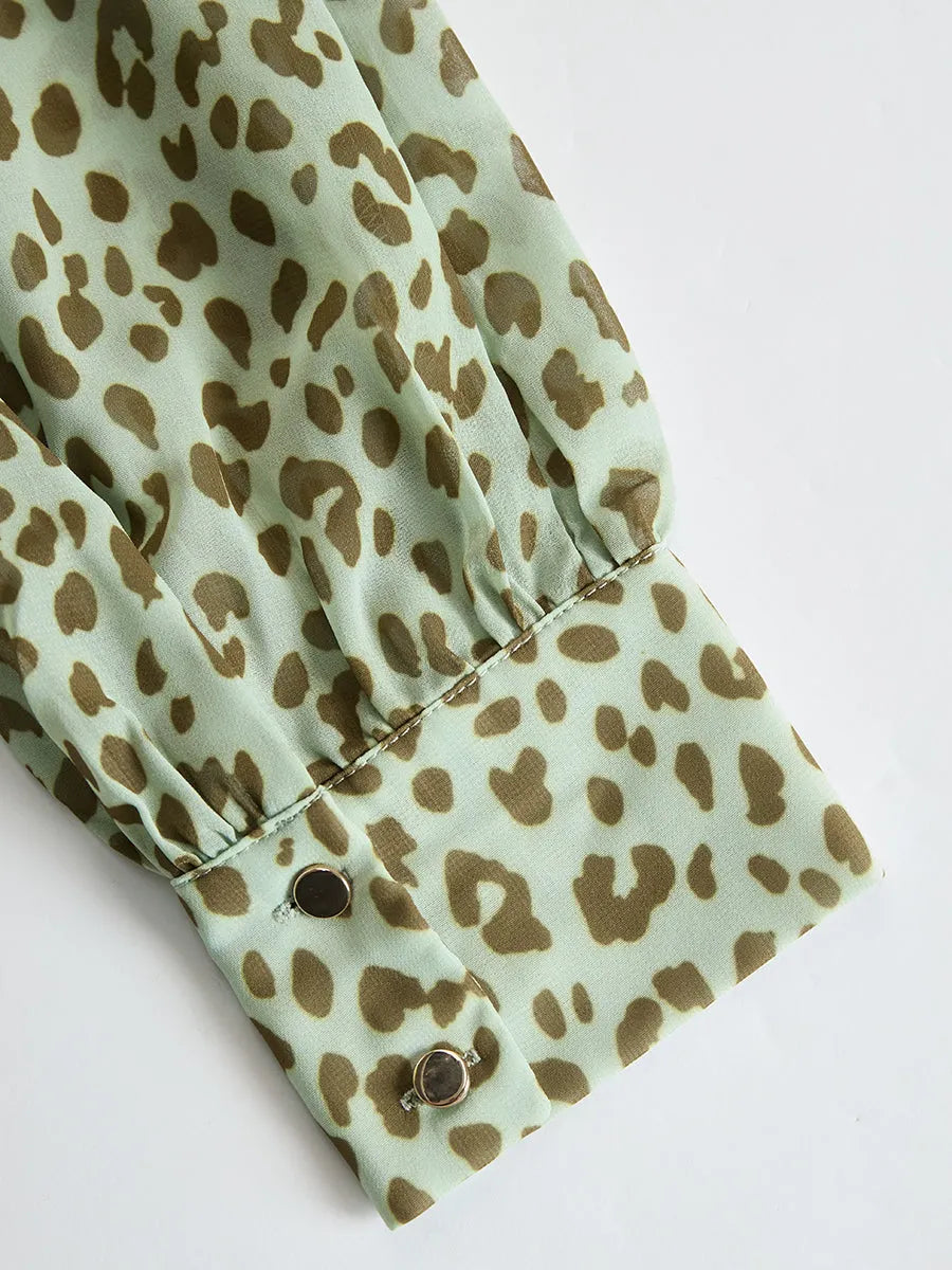 Vintage And Elegant V-neck Ruffled Leopard Print Chiffon Midi Dress