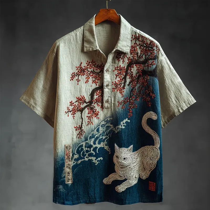 Vintage Japanese Cherry Blossom & Cat Embroidered Linen Shirt