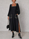 Black Square Neck Trim Pocket Maxi Dress