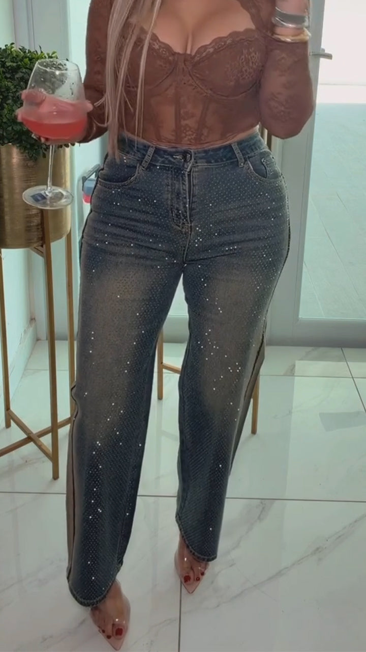 Womens Rhinestone Washed Casual Jeans