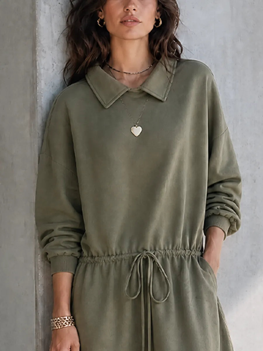 Women's Casual Workwear Style Army Green Cotton Blend Lapel Long Sleeve Drawstring Waist Midi Dress MDZ0726G9GMJ