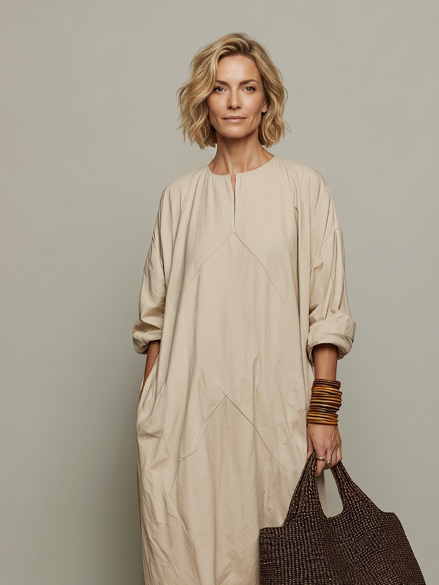 Women's Beige Cotton Midi Kaftan Dress With Split Crew Neck & Rolled Three Quarter Sleeves, Minimalist Lagenlook Loose Casual Midi Dress MDZ1431G2LYL