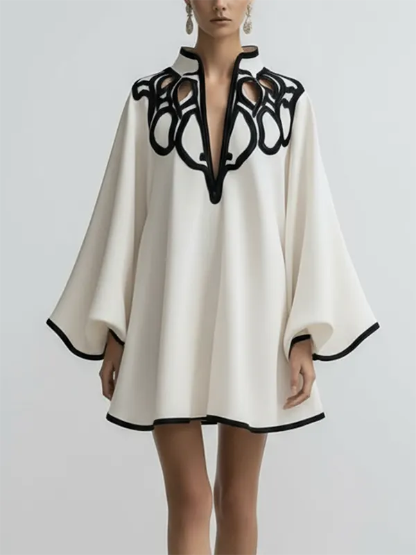 Flared Sleeves Loose Contrast Color Hollow Stand Collar Mini Dresses