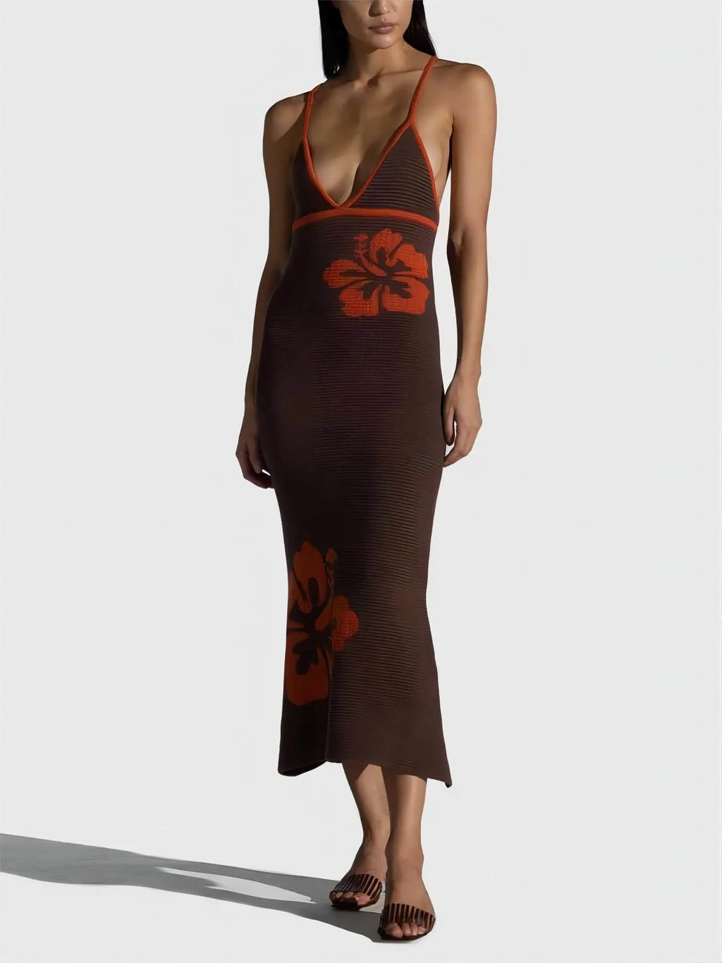 Knitted Suspender Halterneck V-Neck Backless Sexy Midi Dress