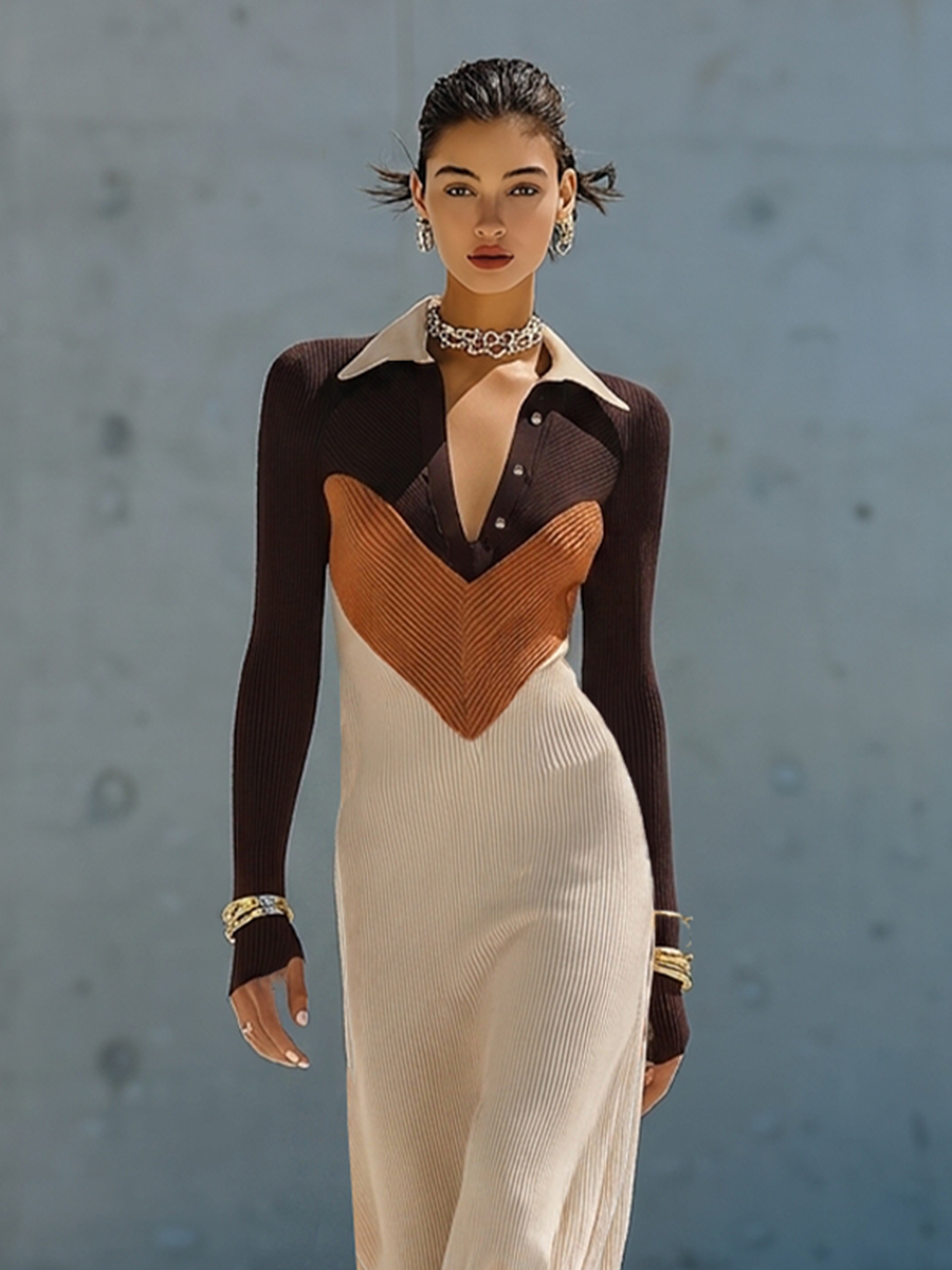 Women's Multi-Tone Neutral Ribbed Knit Maxi Gown With Point Collar Button Placket & Chevron Color Block Panel, Elegant Bodycon Long Sleeve Sweater Maxi Dress MDZ2762G9LYL