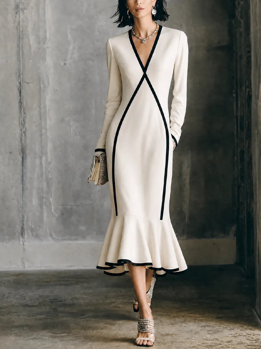 Women's Luxury Commuter Off White Cotton Blend V Neck Contrast Binding Flared Long Sleeve Midi Dress MDZ1529G7GMJ
