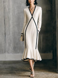 Women's Luxury Commuter Off White Cotton Blend V Neck Contrast Binding Flared Long Sleeve Midi Dress MDZ1529G7GMJ