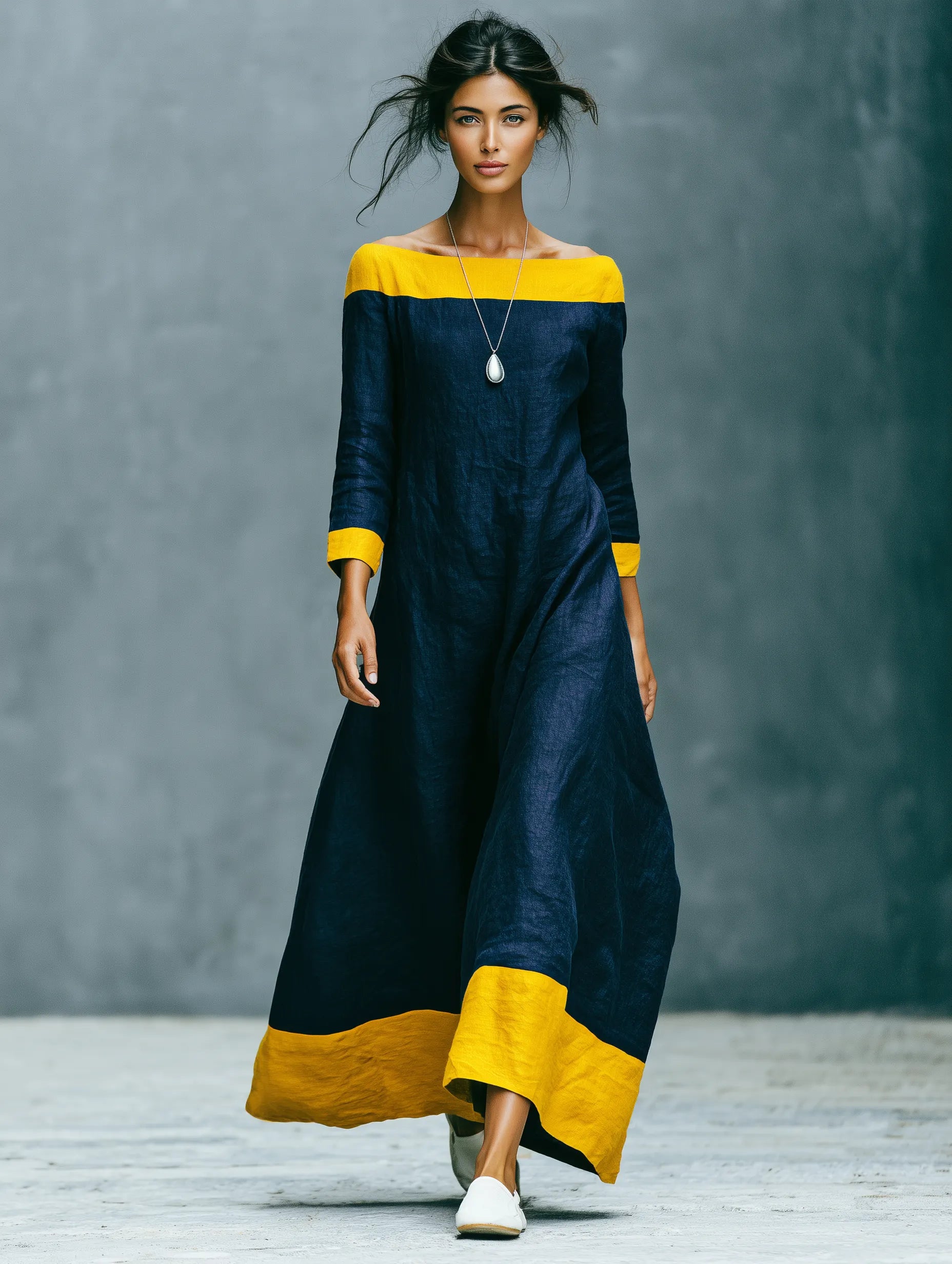 Women's Minimalist Color-Block Linen-Blend Maxi Dress With Crew Neck And Three-Quarter Sleeves MDZ0992G2WY