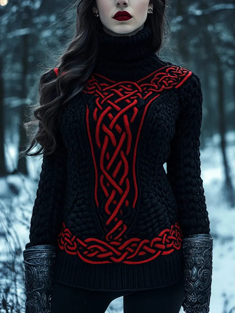 Women's Viking Celtic Knot Contrasting Color Cozy Turtleneck Knitted Sweater