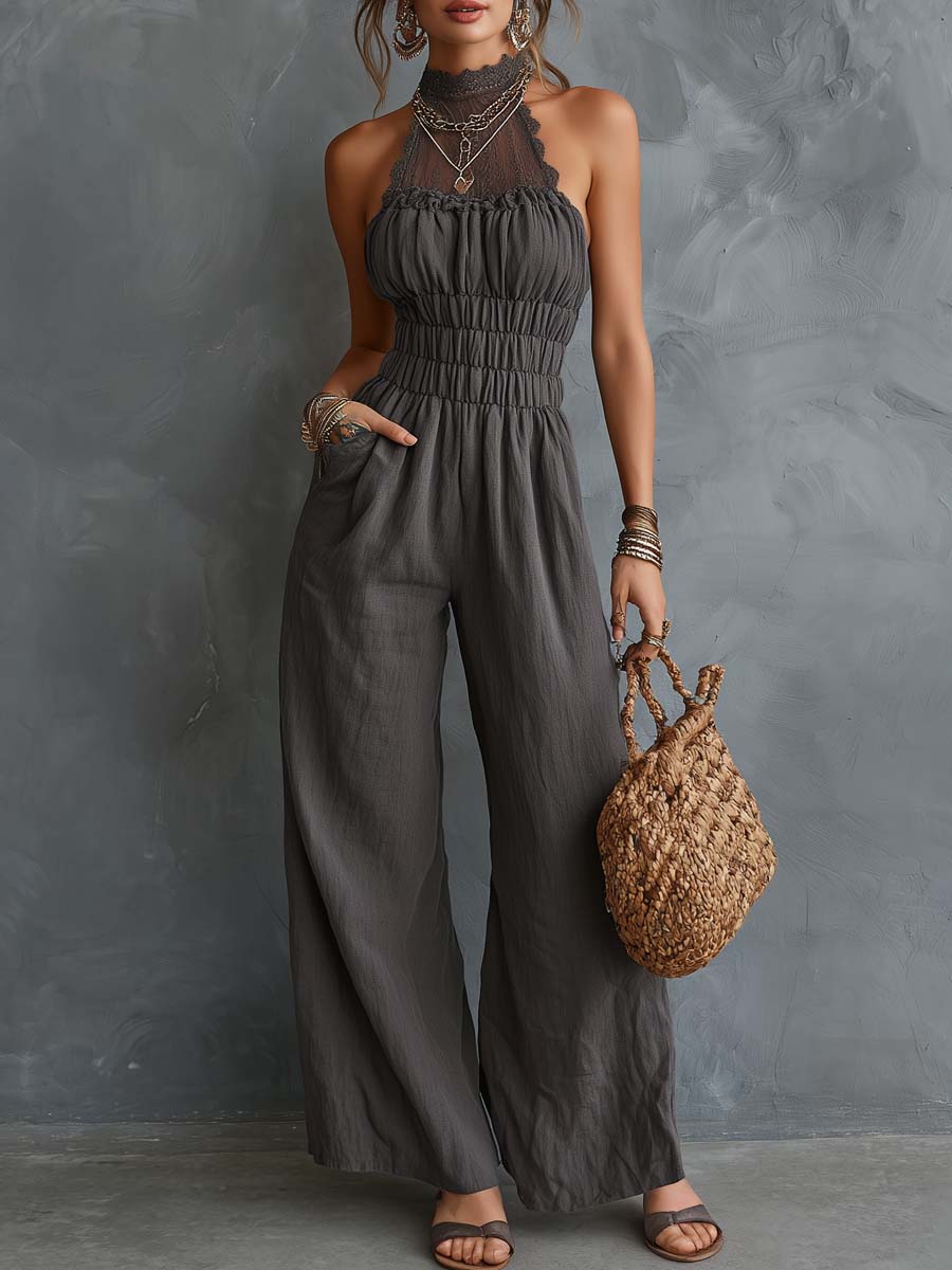 Boho Lace Halter Cotton-Linen Jumpsuit