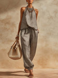 Retro Chain Print Grey Satin Top And Pants Set
