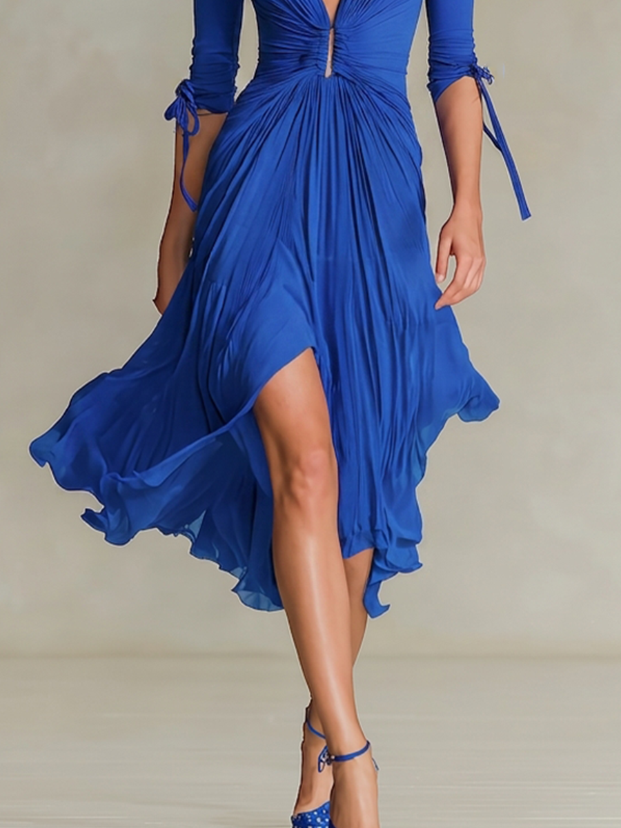 Women's Cobalt Blue Stretch Jersey Midi Dress With Stand Collar Deep V Front Ruched Knot & Tie Cuff Three Quarter Sleeves, Elegant Flowy Party Midi Dress MDZ1551G5LYL
