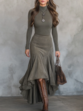 Retro Green Turtleneck Midi Dress With Irregular Hem