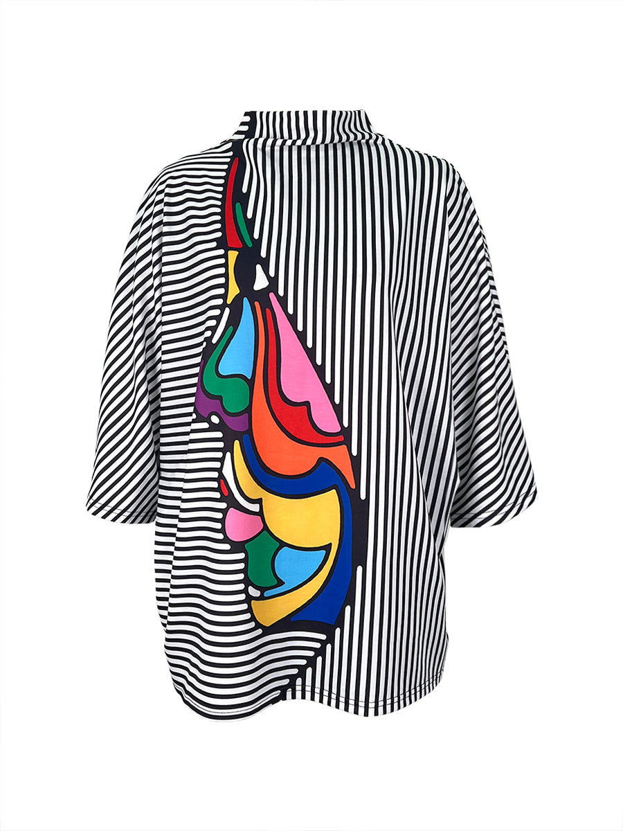 Loose Three-Quarter Sleeves Figure Printed Split-Joint Striped Stand Collar T-Shirts