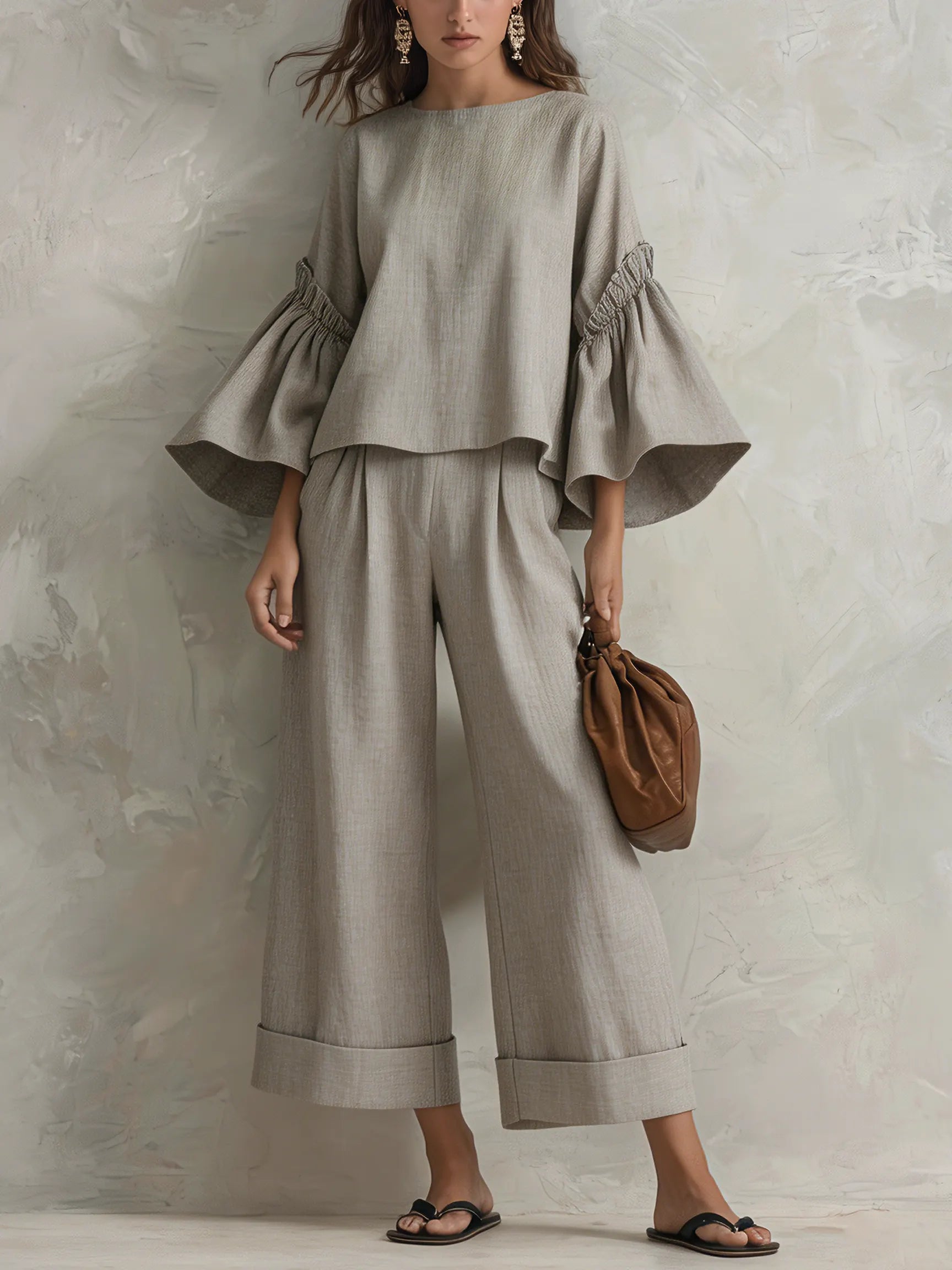 Women's Casual Grey Cotton-linen Long-sleeve Crew-neck Top Paired With Trousers MDZ1602G6LXY