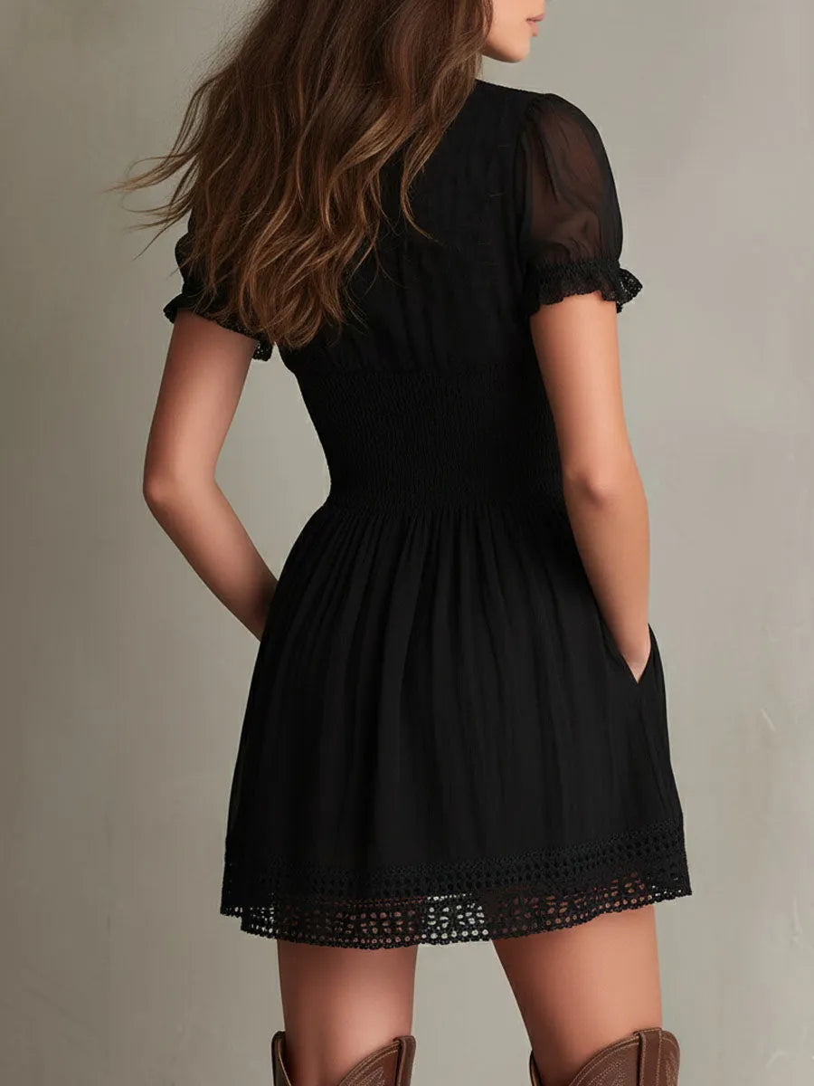Classic Muse Smocked Lace-Trim Black  Mini Dress