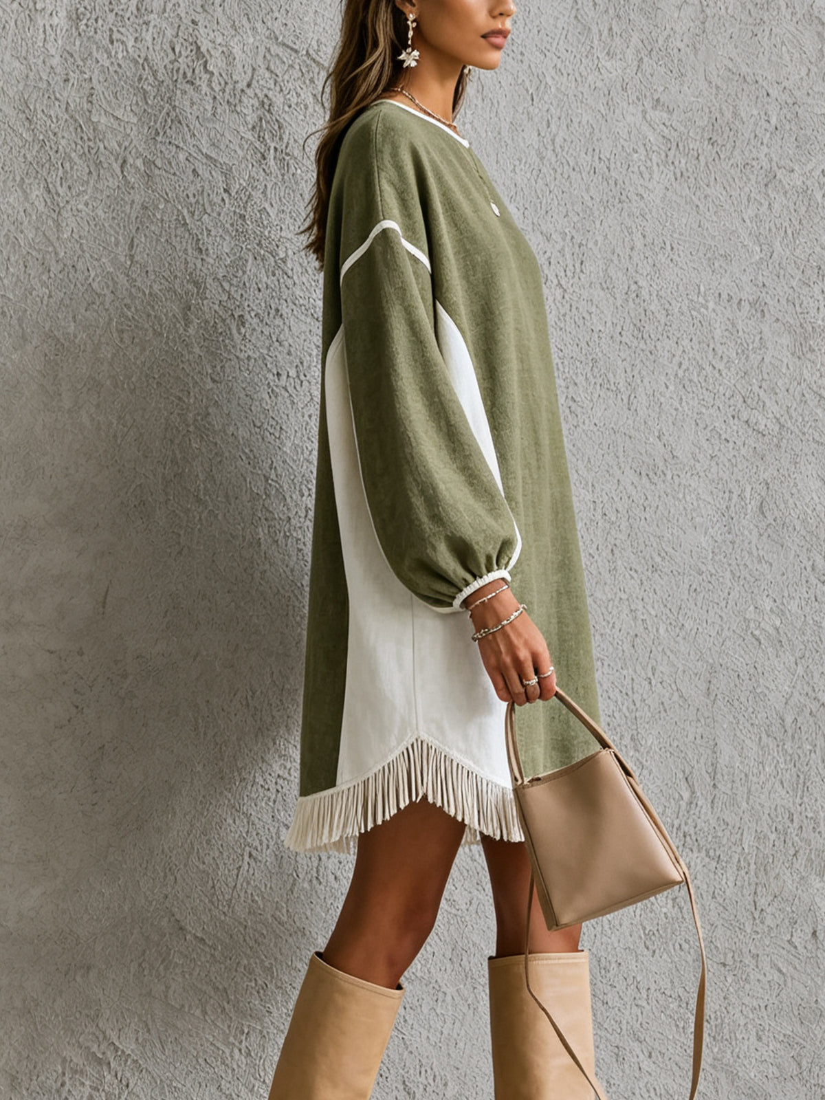 Olive Ivory Fringe Hem Oversized Mini Dress