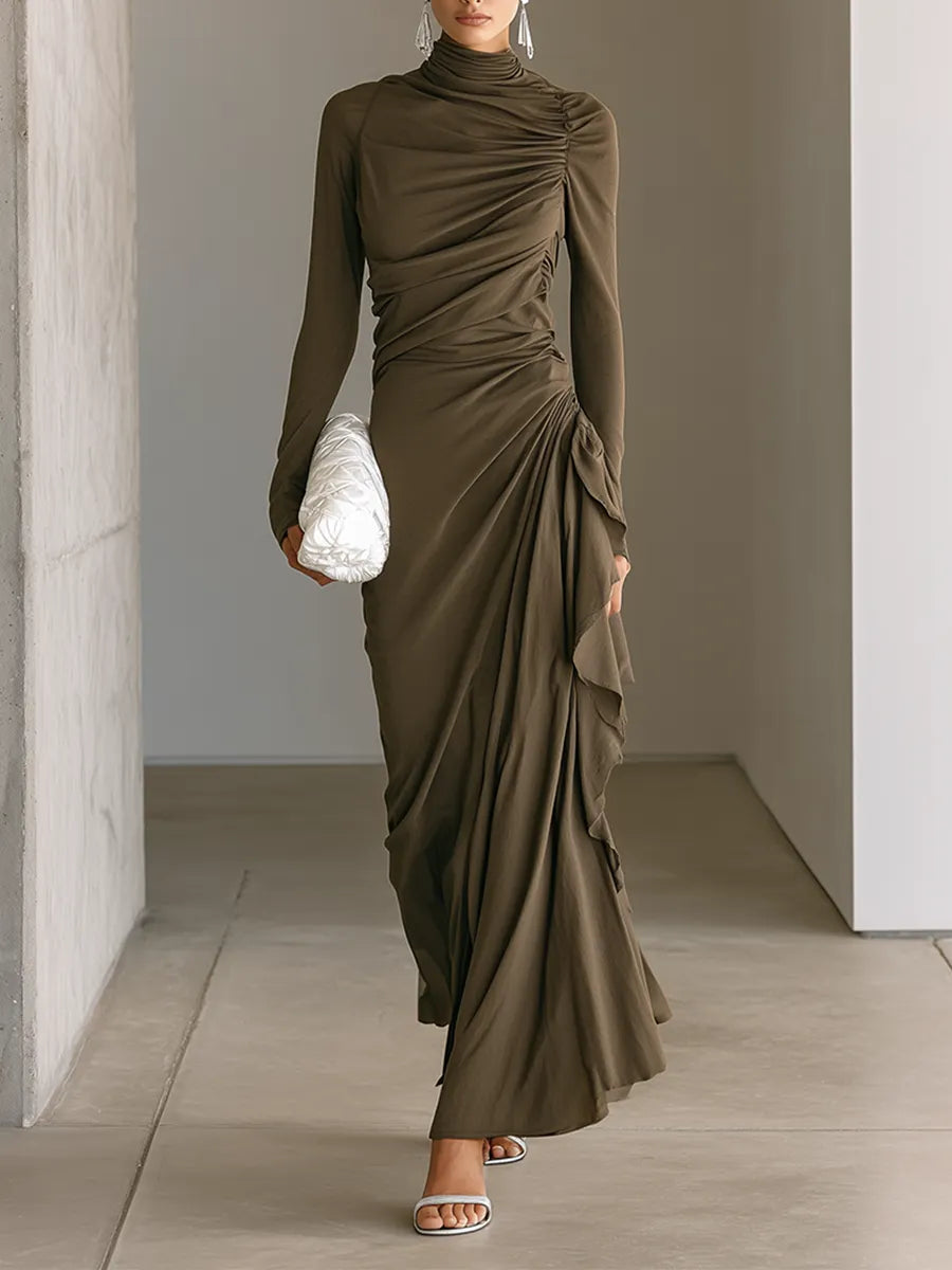 Women's Dark Taupe Soft Jersey Maxi Dress With Turtleneck Long Sleeves & Asymmetric Side Ruched Ruffle, Elegant Bodycon Evening Maxi Dress MDZ1394G9LYL