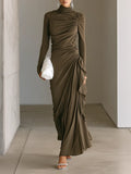 Women's Dark Taupe Soft Jersey Maxi Dress With Turtleneck Long Sleeves & Asymmetric Side Ruched Ruffle, Elegant Bodycon Evening Maxi Dress MDZ1394G9LYL