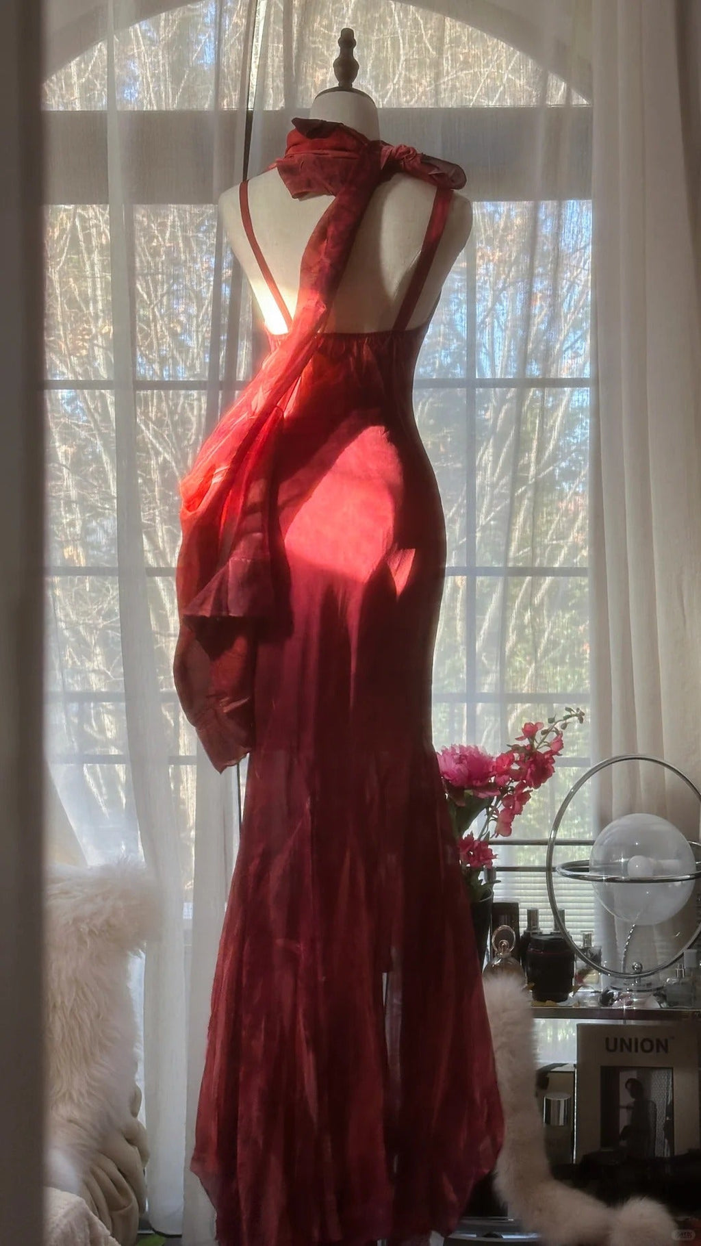 Red Romantic Fashion Elegant Exquisite Lotus Gold Beaded Long Chiffon Fishtail Skirt Mermaid Slim Ball Gown Evening Dress Birthday/Wedding Guest/Holiday Party Dress Prom Dress Valentine's Day Date Dress 4029