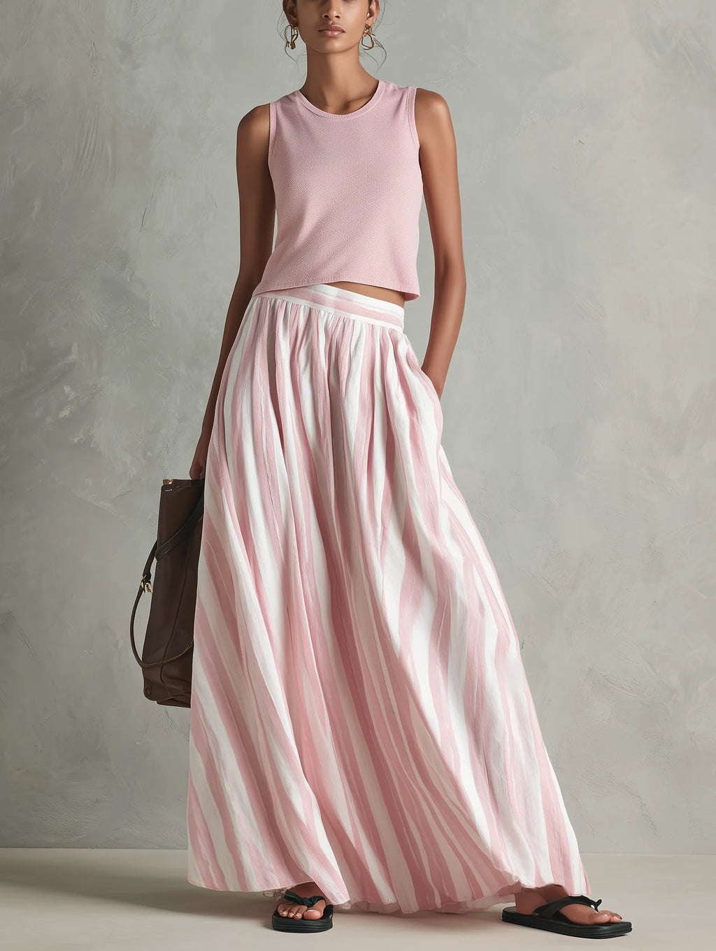Women's Casual Pink Stretch-knit Sleeveless Round-neck Top Paired With A Woven Pink Printed Maxi Skirt MDZ0986G3LXY