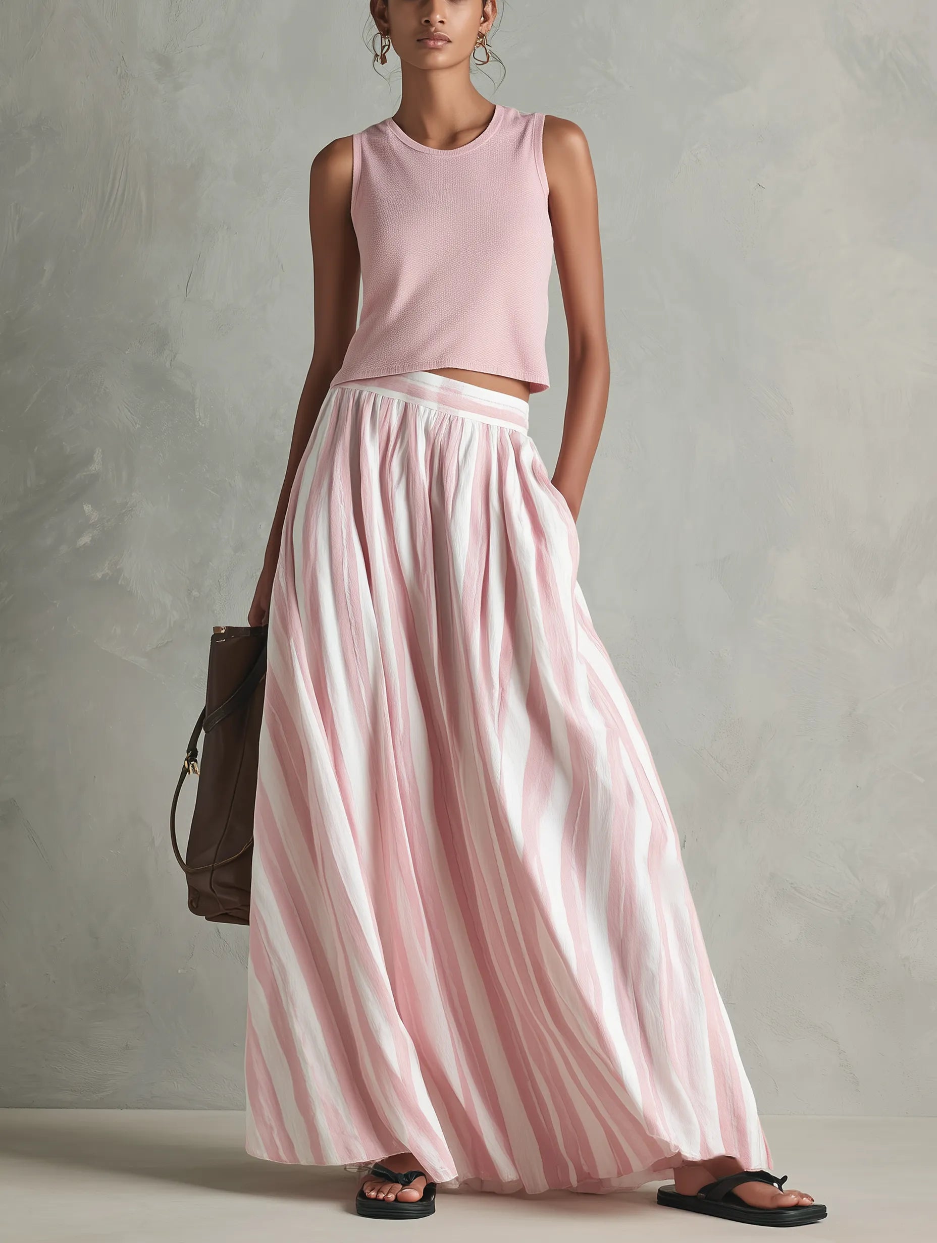 Women's Casual Pink Stretch-knit Sleeveless Round-neck Top Paired With A Woven Pink Printed Maxi Skirt MDZ0986G3LXY