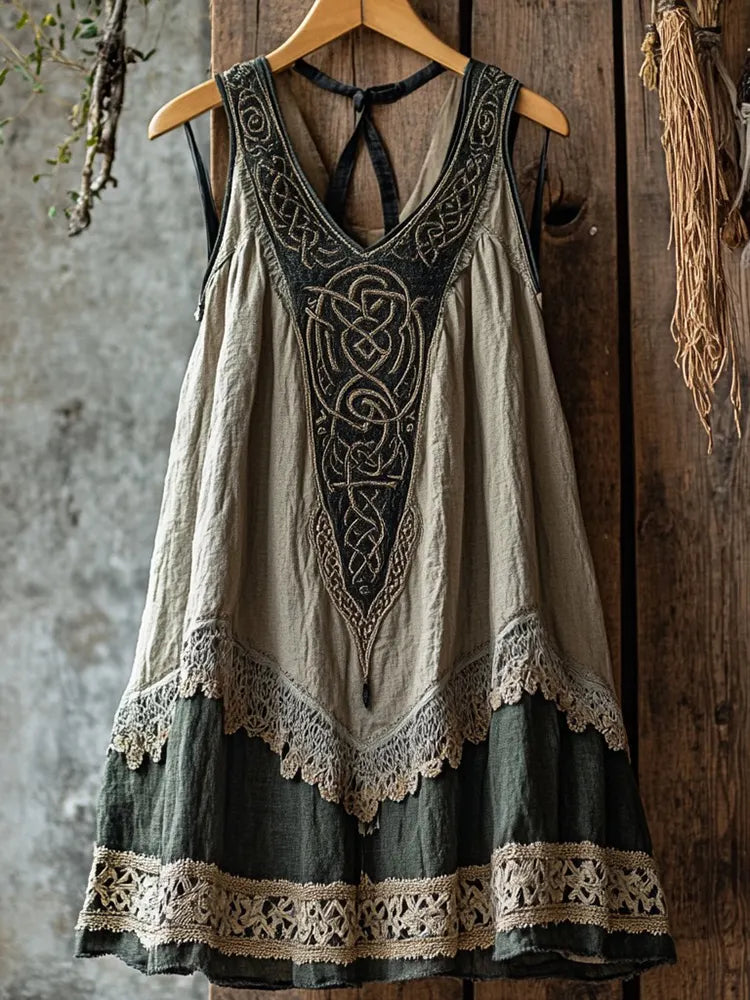 Tribal Celtic Embroidery Patchwork Lace Art Linen Tank Dress