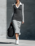 Women's Casual Fitted Long-Sleeve Midi Dress With Ribbed-Knit Panel Detail MDZ2137G7WY