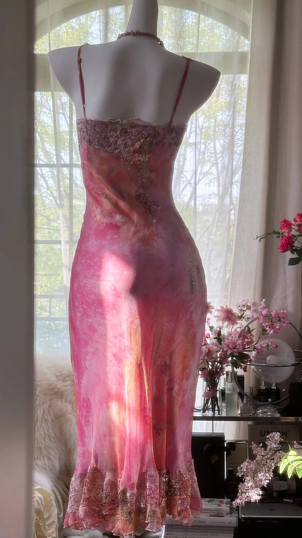 Pink gorgeous gradient exquisite beaded lace long chiffon fairy ball gown evening dress wedding party dress prom dress graduation date dress 3990