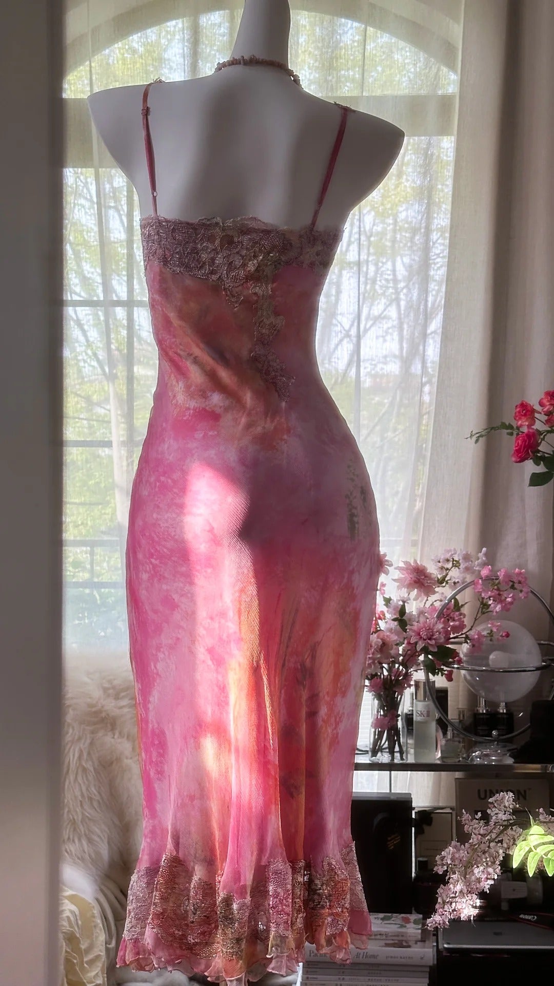 Pink gorgeous gradient exquisite beaded lace long chiffon fairy ball gown evening dress wedding party dress prom dress graduation date dress 3990