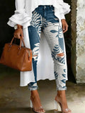 Women's Fashion Color-blocked Botanical Print Casual Skinny Ripped Jeans With Artistic Print
