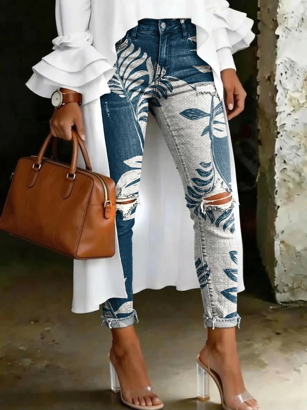 Women's Fashion Color-blocked Botanical Print Casual Skinny Ripped Jeans With Artistic Print