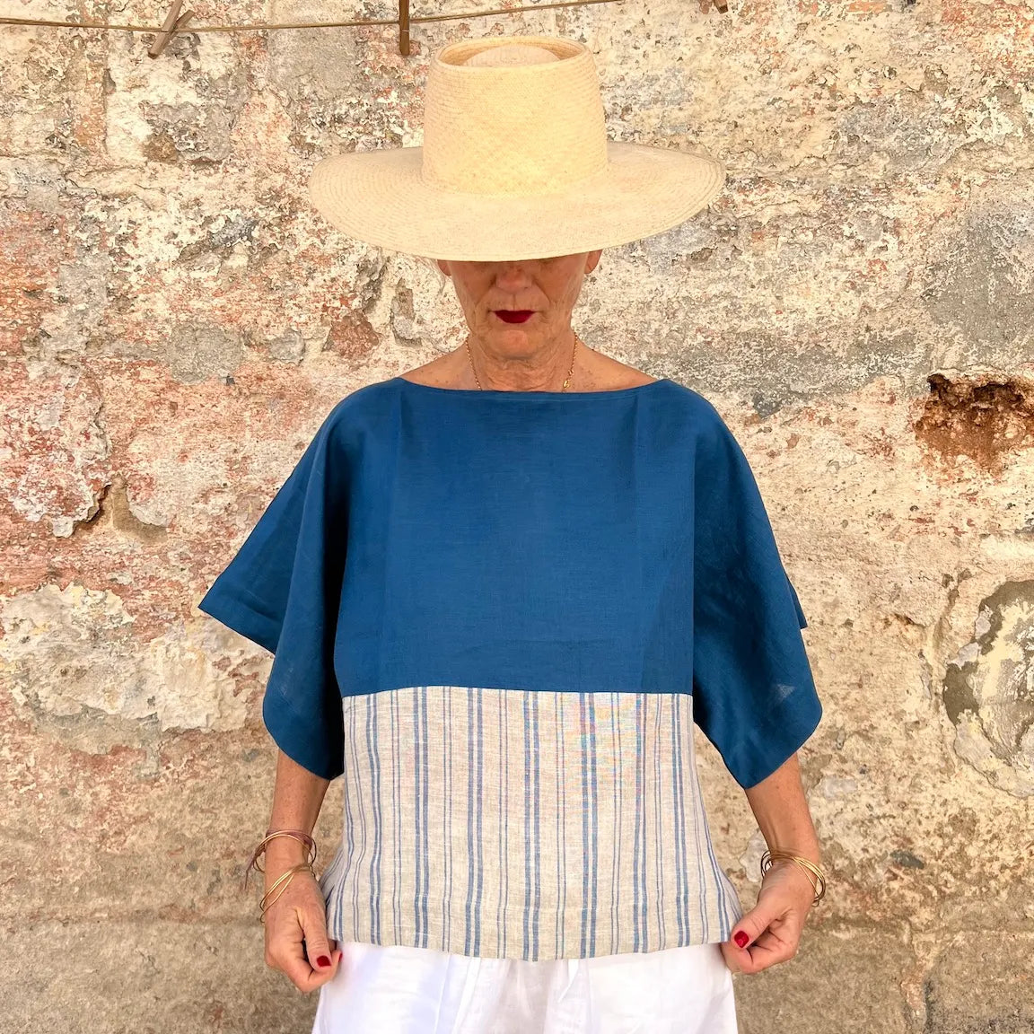 Jill Top New - French Bateau Neck Color-Blocked Striped Linen Blouse | Dadihouse