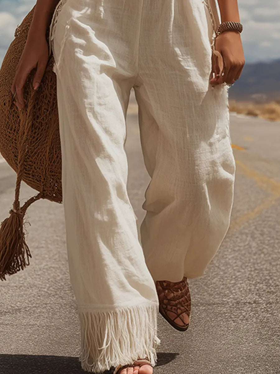 Western-Style Lace-Trimmed Off-White Tasseled Cotton-Linen Sleeveless Jumpsuit