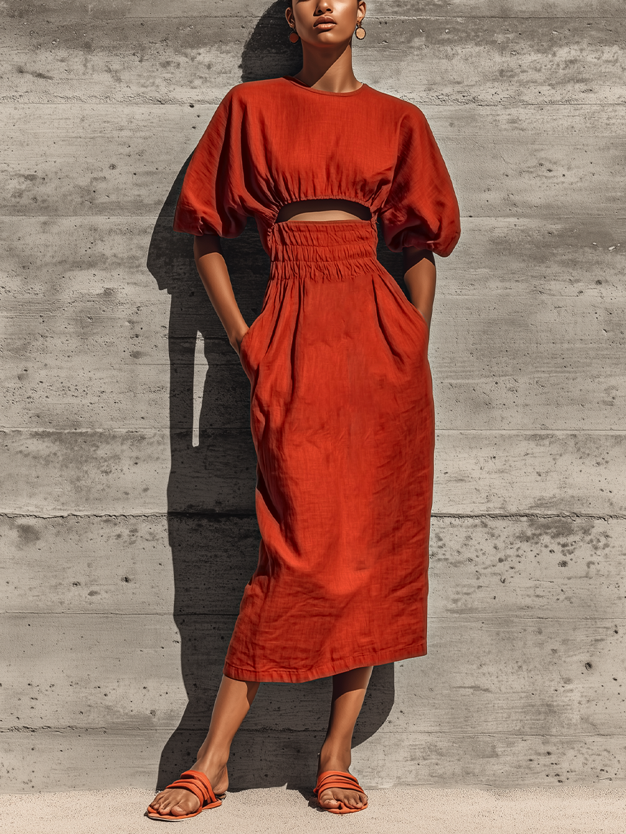 Women’s Rust Linen Blend Round Neck Puff Short Sleeve Midriff Cutout Smocked Waist Side Pocket Midi Dress MDZ0678G9YZJ