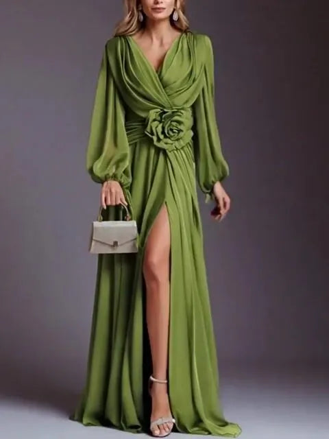 Elegant Chiffon Solid Color Long Slit Puff Sleeve Maxi Dress