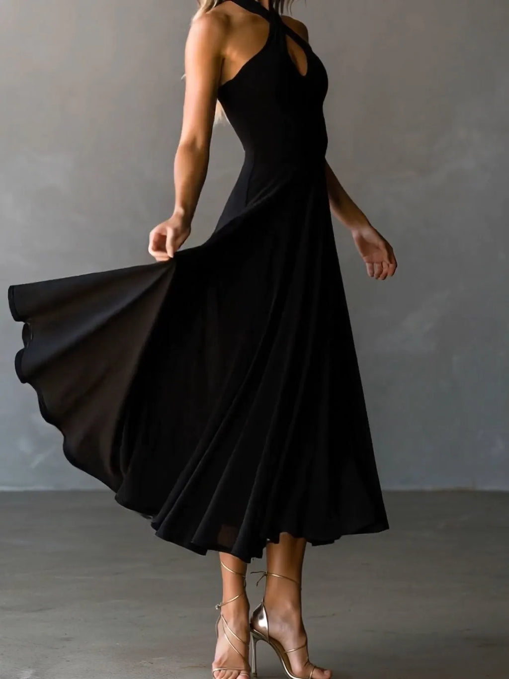 Black Halter Cross Tie-back A-Line Midi Dress