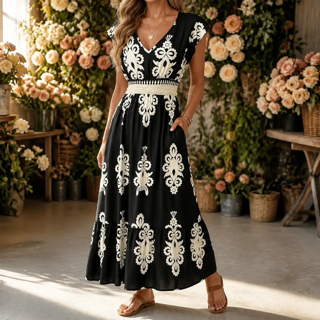 Osyrel – Women's Damask Print Midi Dress with V-Neck