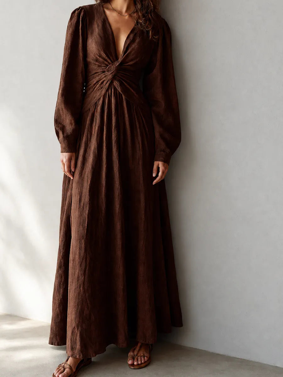 Women's Resort-Style Chocolate Brown Deep V-Neck Twist-Front Bishop-Sleeve Cinched-Waist Linen Maxi Dress MDZ1088G6CMX