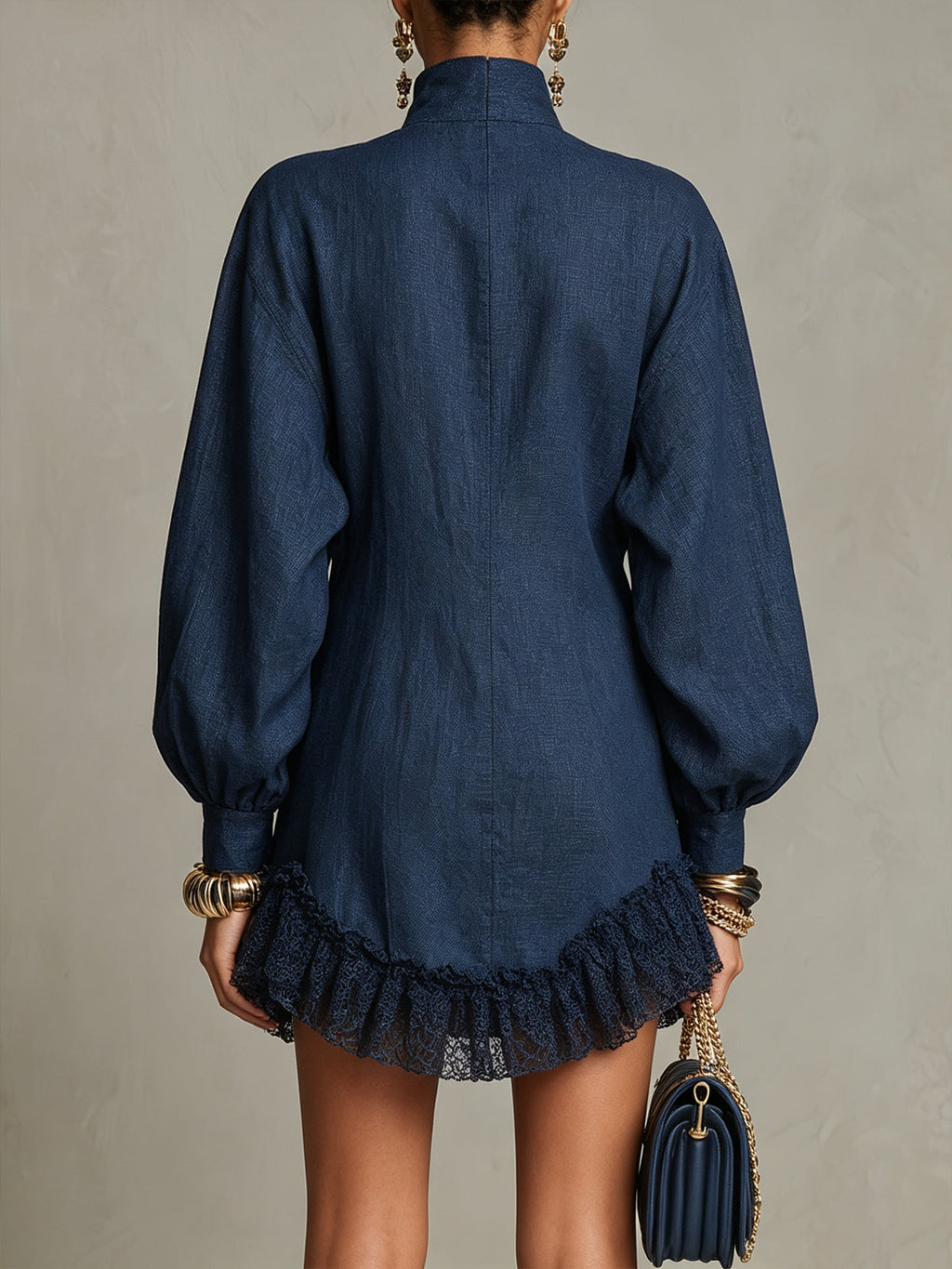 Navy High Neck Button Detail Ruffle Hem Mini Dress