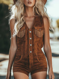 【24-hour shipping out】Vintage Western Tassel Brown Suede Vest Shorts Jumpsuit