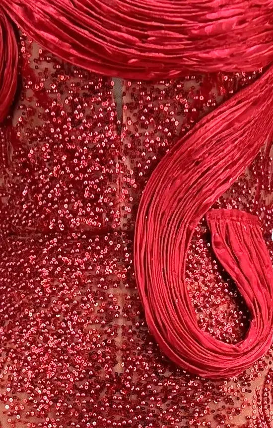 Strapless Draped Sequin Maxi Dress Red