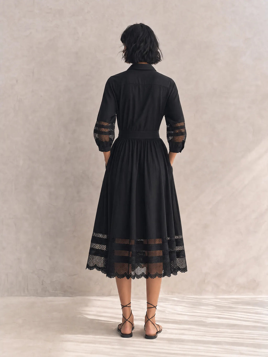 Women's Elegant Black Cotton Blend Collared Three-Quarter Sleeve Belted Lace Trim Button-Front Midi Shirt Dress MDZ1579G4ZSQ