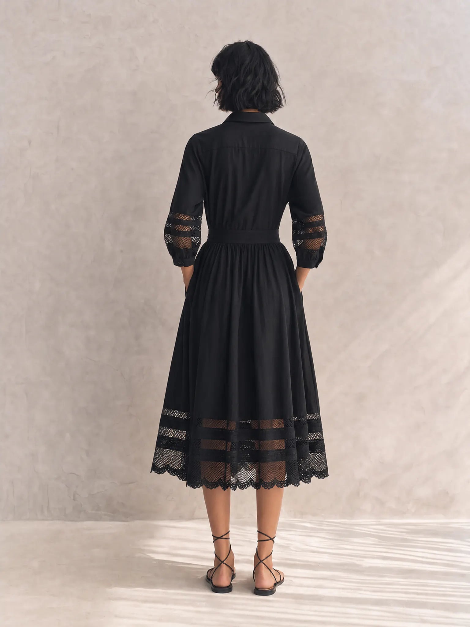 Women's Elegant Black Cotton Blend Collared Three-Quarter Sleeve Belted Lace Trim Button-Front Midi Shirt Dress MDZ1579G4ZSQ
