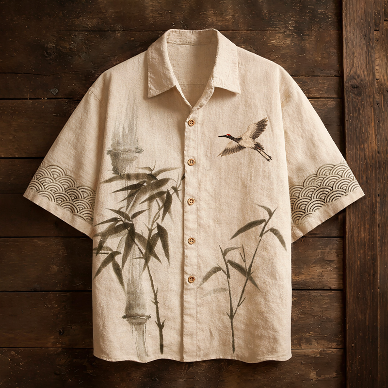 Men's Japanese-style Bamboo Pattern Linen Short-sleeved Shirt