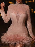 Party Long Sleeves See-Through Feathers Shiny Round-Neck Mini Dresses
