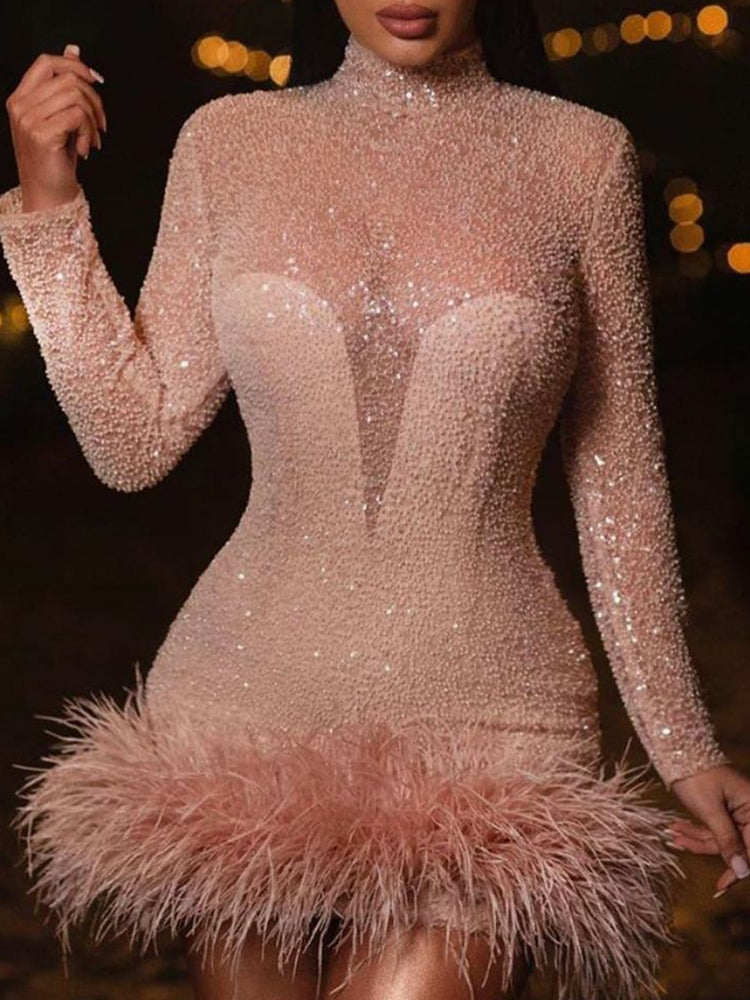 Party Long Sleeves See-Through Feathers Shiny Round-Neck Mini Dresses