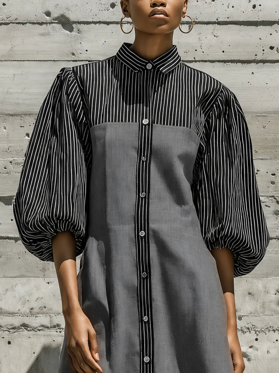 Women's Black White Vertical Stripe Patch Puff Sleeve Collared Button Front Color Block Gray Cotton-linen blend Midi Shirt Dress MDZ2049G8YZJ